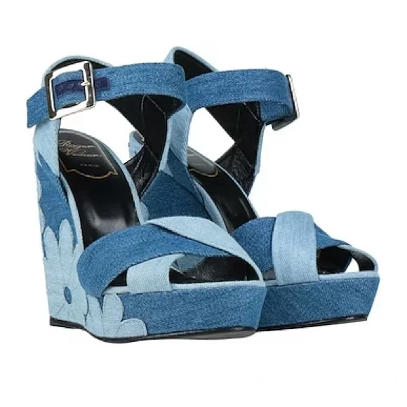 Roger Vivier Denim Floral Wedge Platform Sandals - Picture 3 of 11